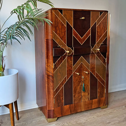 Art Deco Gatsby Walnut Gold Geometric Drinks Cocktail Whiskey Cabinet - MADE TO ORDER