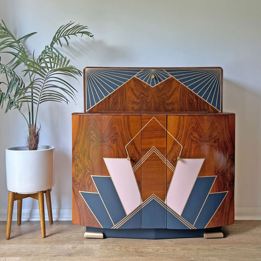 Large Vintage Walnut 1920s Art Deco Cocktail Cabinet - Bespoke Hand-Painted Pink & Blue Design - Made to Order