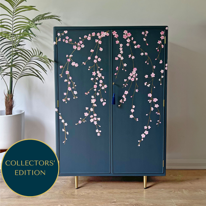 Vintage Large Blue Drinks Cocktail Cabinet Bar - Chinoiserie Cherry Blossoms