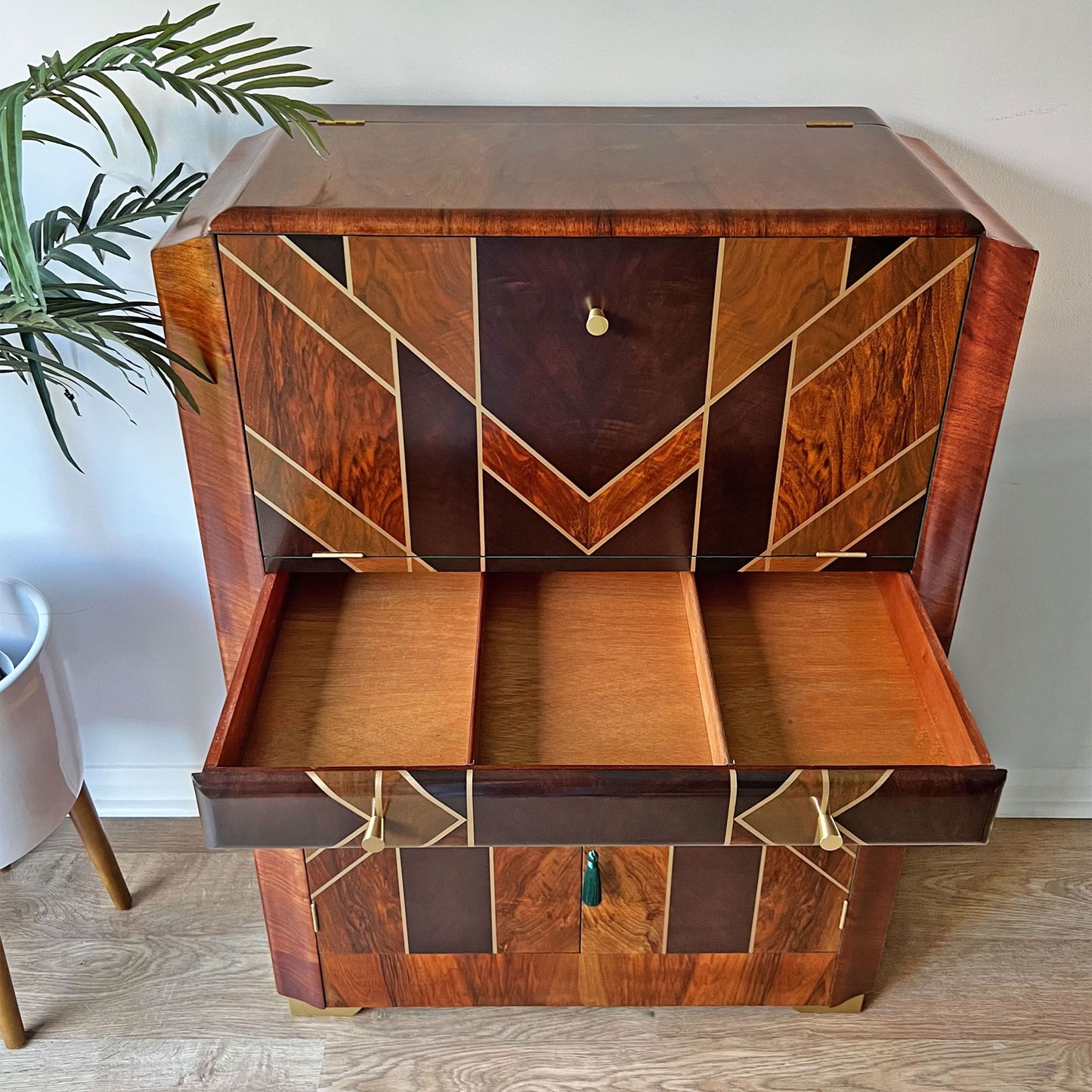 Art Deco Gatsby Walnut Gold Geometric Drinks Cocktail Whiskey Cabinet - MADE TO ORDER