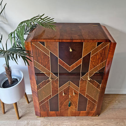 Art Deco Gatsby Walnut Gold Geometric Drinks Cocktail Whiskey Cabinet - MADE TO ORDER