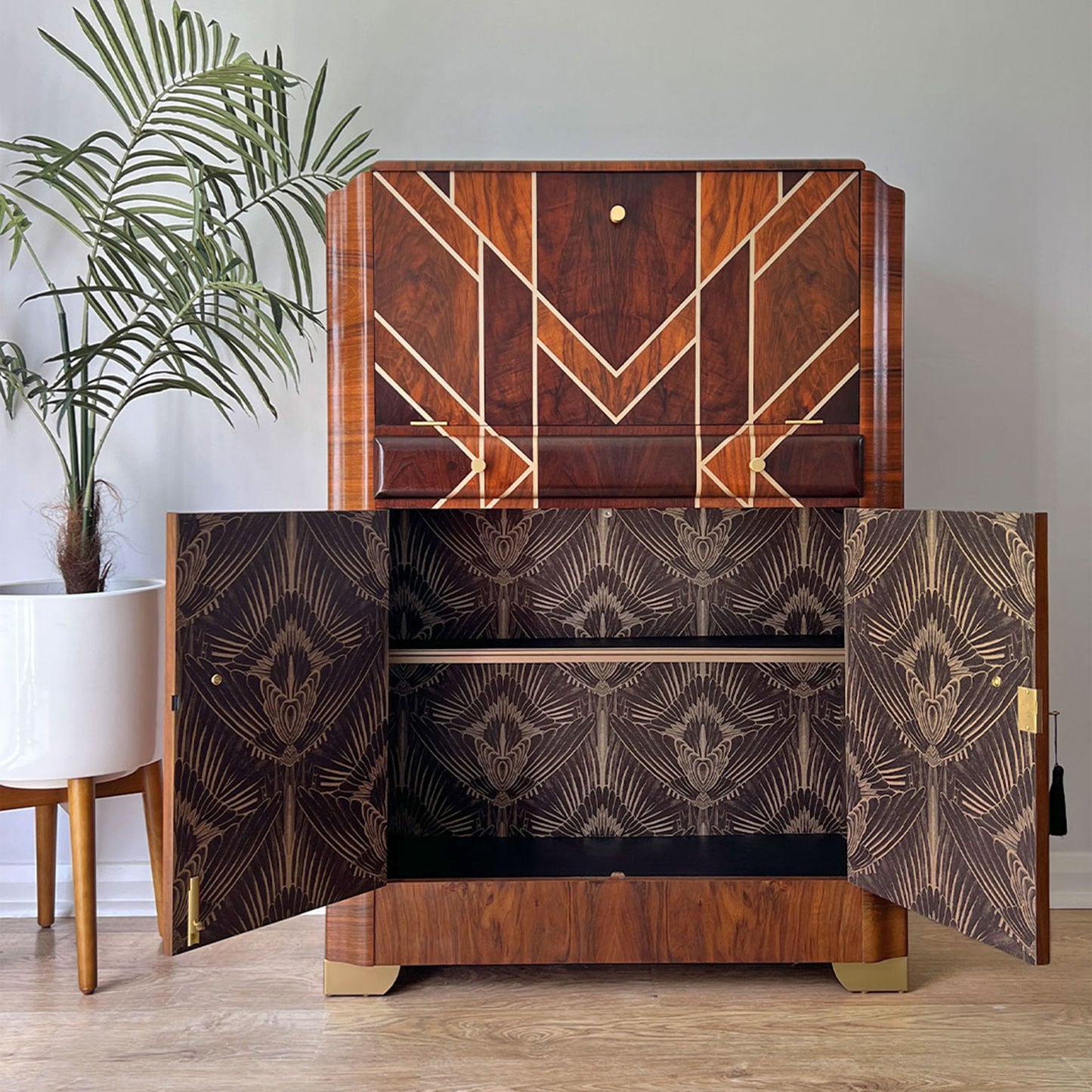 Art Deco Gatsby Walnut Gold Geometric Drinks Cocktail Whiskey Cabinet - MADE TO ORDER