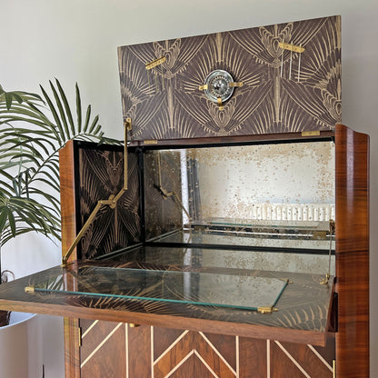 Art Deco Gatsby Walnut Gold Geometric Drinks Cocktail Whiskey Cabinet - MADE TO ORDER