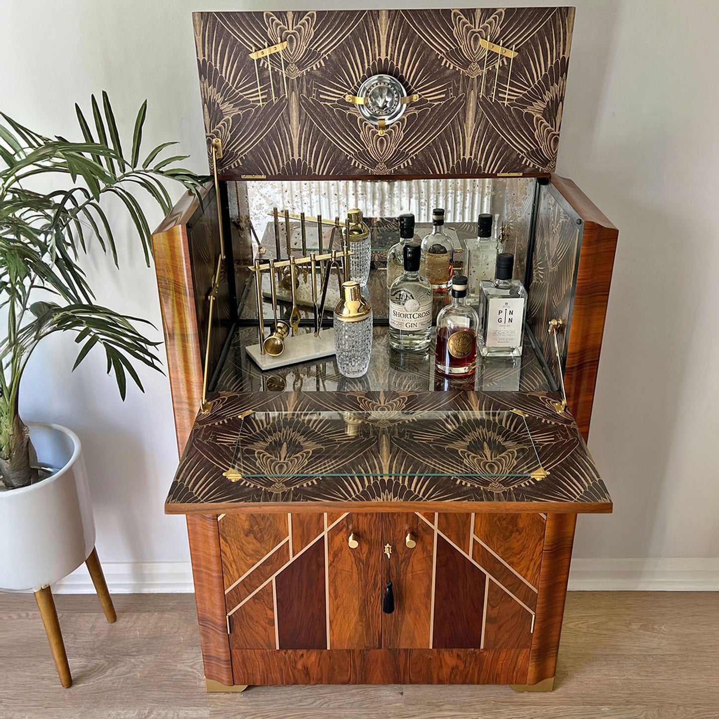 Art Deco Gatsby Walnut Gold Geometric Drinks Cocktail Whiskey Cabinet - MADE TO ORDER