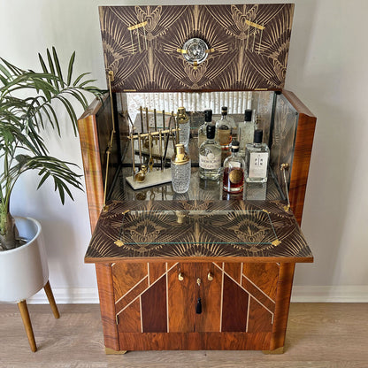 Art Deco Gatsby Walnut Gold Geometric Drinks Cocktail Whiskey Cabinet - MADE TO ORDER