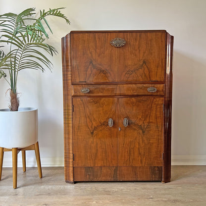 Art Deco Gatsby Walnut Gold Geometric Drinks Cocktail Whiskey Cabinet - MADE TO ORDER