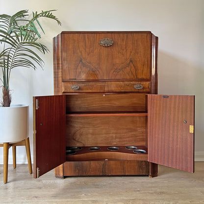 Art Deco Gatsby Walnut Gold Geometric Drinks Cocktail Whiskey Cabinet - MADE TO ORDER