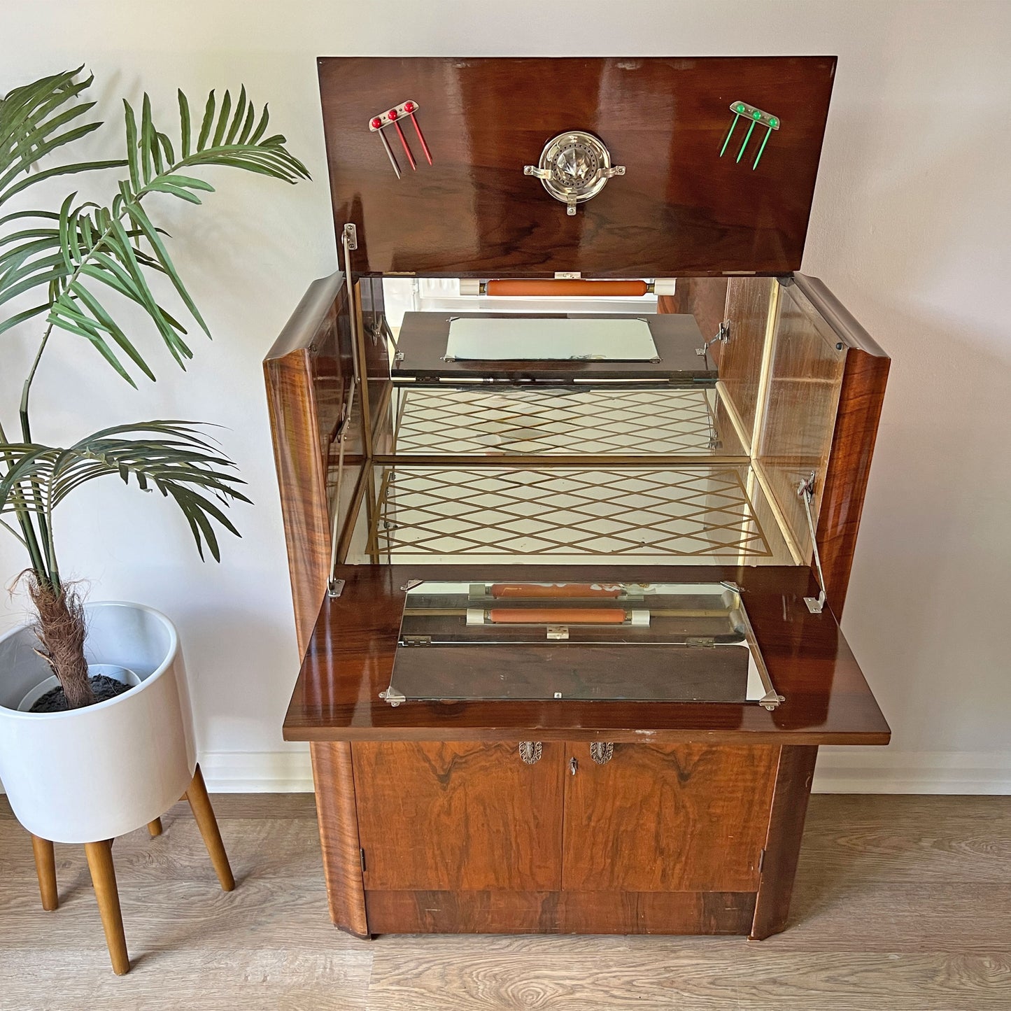 Art Deco Gatsby Walnut Gold Geometric Drinks Cocktail Whiskey Cabinet - MADE TO ORDER