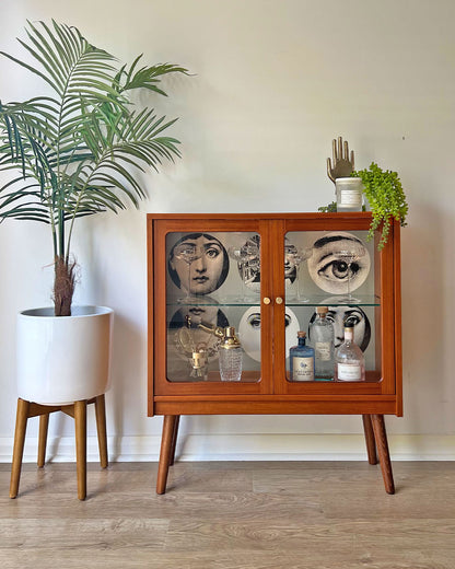 Vintage G Plan Teak Small Glass Fronted Display Drinks Cabinet Sideboard - Fornasetti Tema E Variazioni - Made To Order