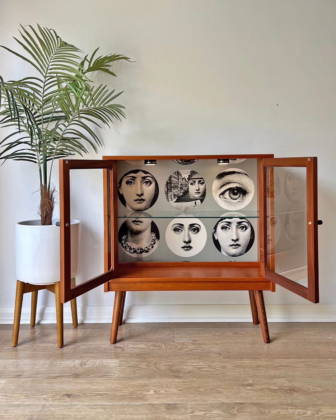 Vintage G Plan Teak Small Glass Fronted Display Drinks Cabinet Sideboard - Fornasetti Tema E Variazioni - Made To Order