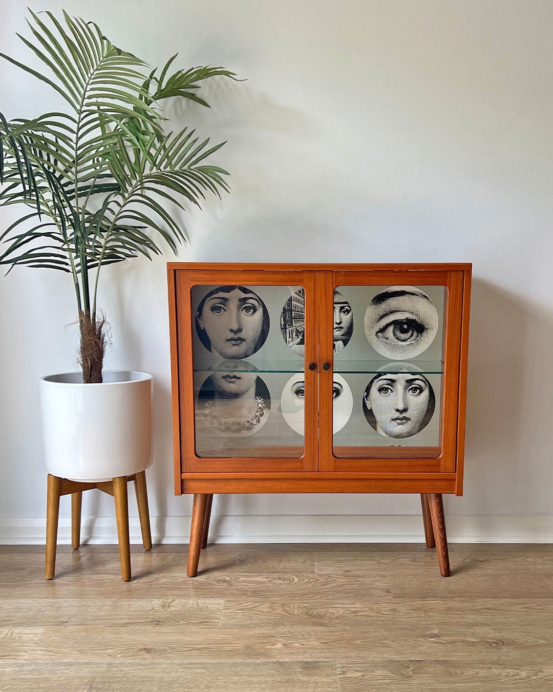 Vintage G Plan Teak Small Glass Fronted Display Drinks Cabinet Sideboard - Fornasetti Tema E Variazioni - Made To Order