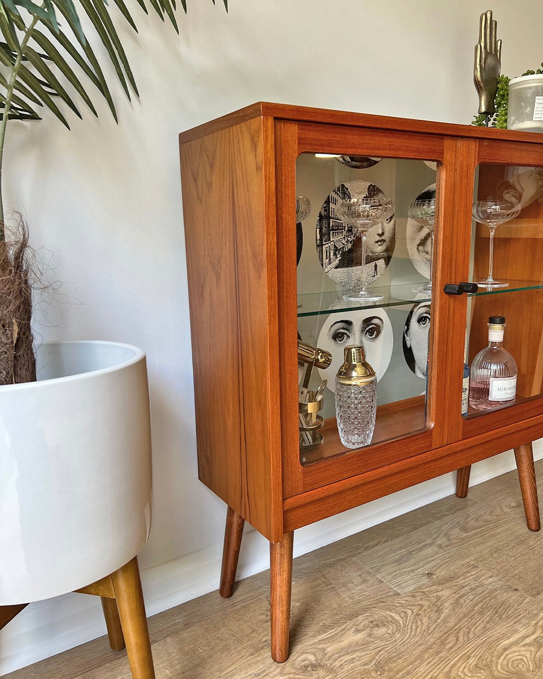 Vintage G Plan Teak Small Glass Fronted Display Drinks Cabinet Sideboard - Fornasetti Tema E Variazioni - Made To Order